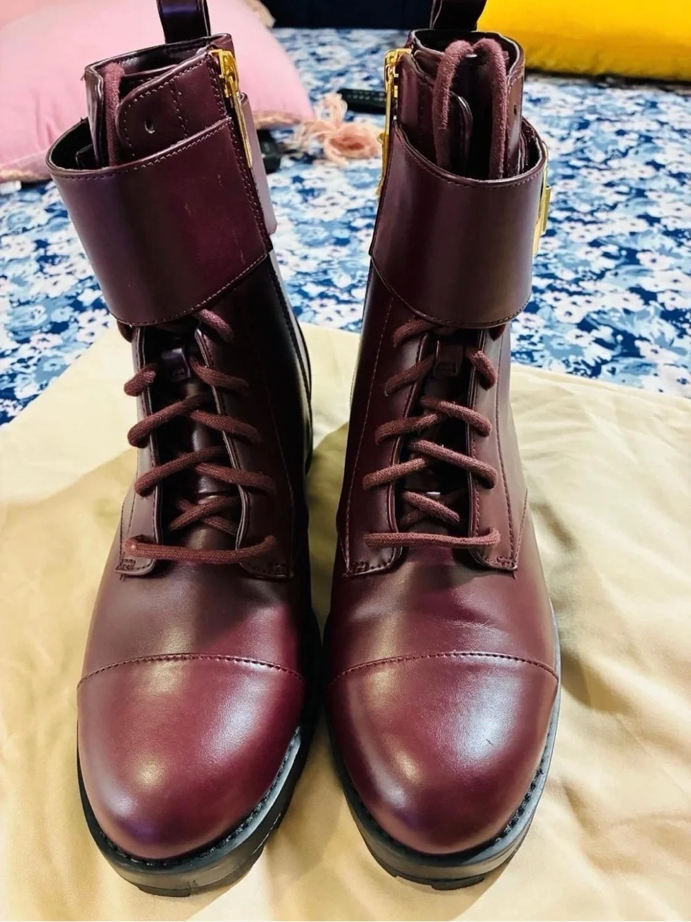 Michael Kors Maroon Leather Lace-Up Combat Boots with Gold MK Emblem